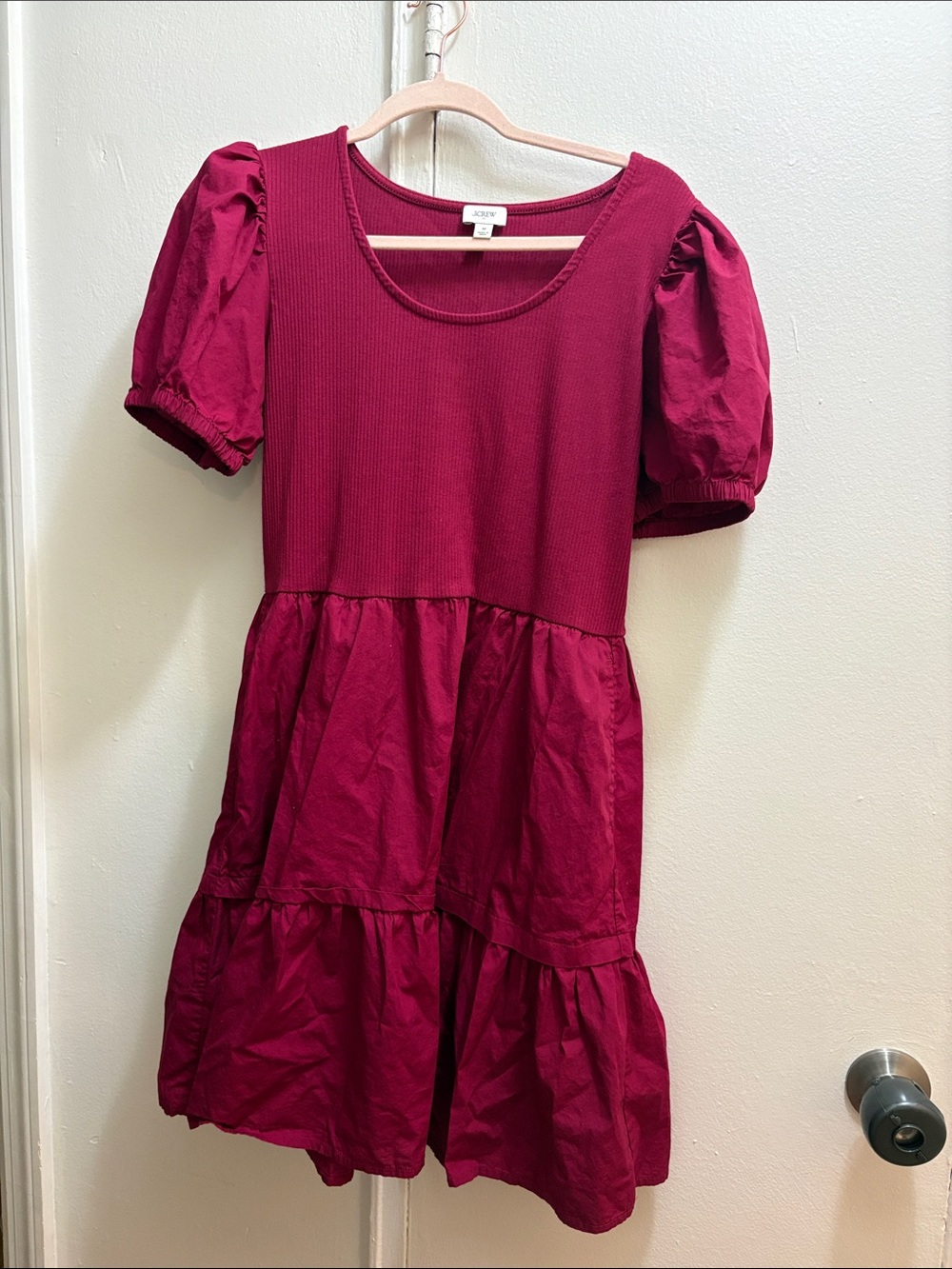 J. Crew Factory Burgundy Puff-Sleeve Tiered Midi Dress Size M